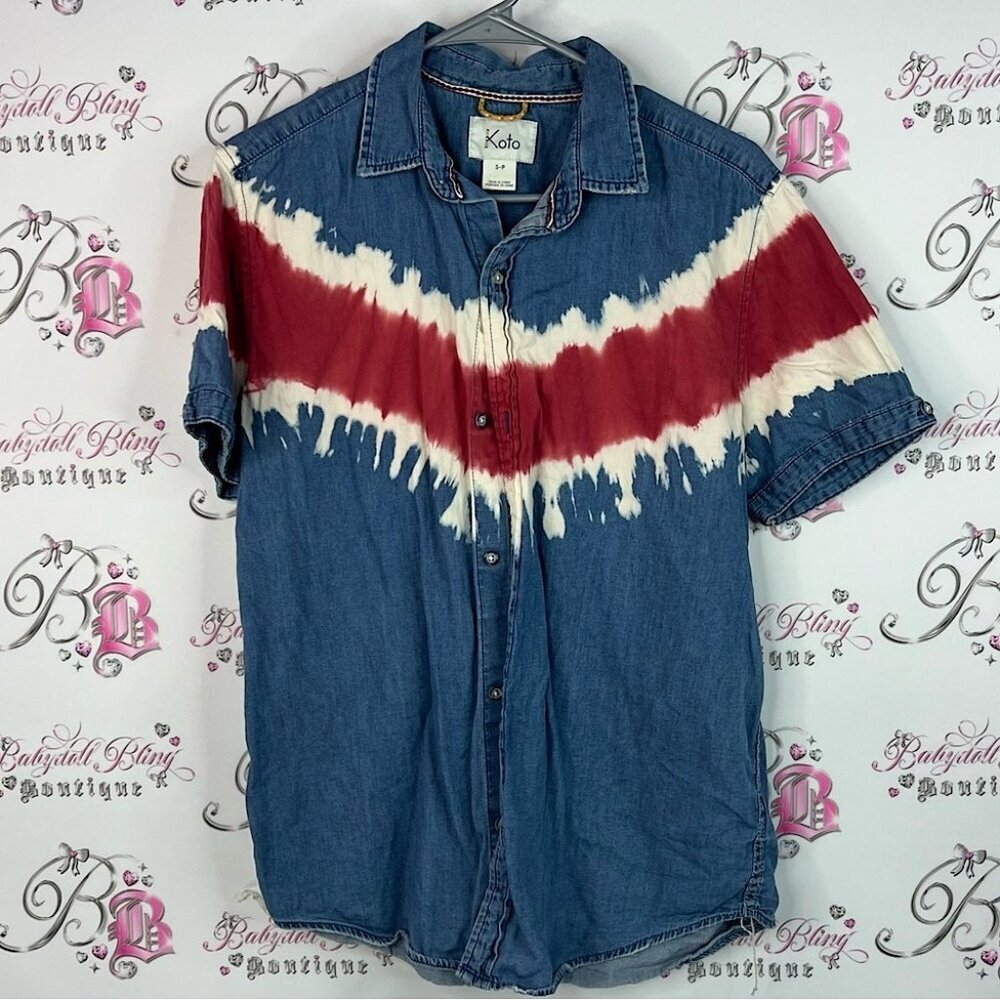 Koto button down tie dye Denim and Red Casual Button Down Shirt